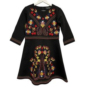 Lai Meng Five Cats‎ Dress Womens Medium Black Embroidered Floral Fit Flare Boho